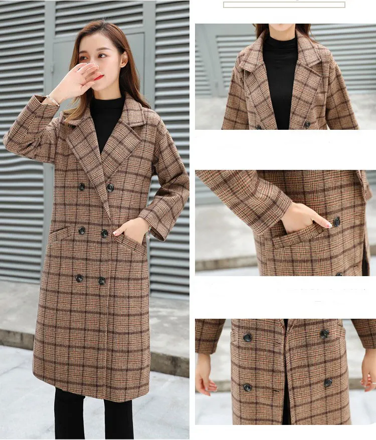 Новая зимняя одежда плюс бархатная Толстая шерстяная куртка Женская Корейская версия длинного свободного большого размера клетчатого шерстяного пальто