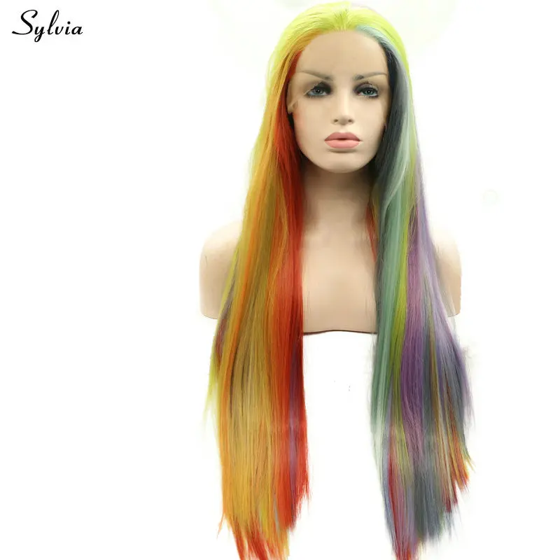 

Sylvia Mixed Color Rainbow Colorful Long Straight Lace Front Wigs Synthetic Heat Resistant Fiber Summer Cosplay Makeup For Women