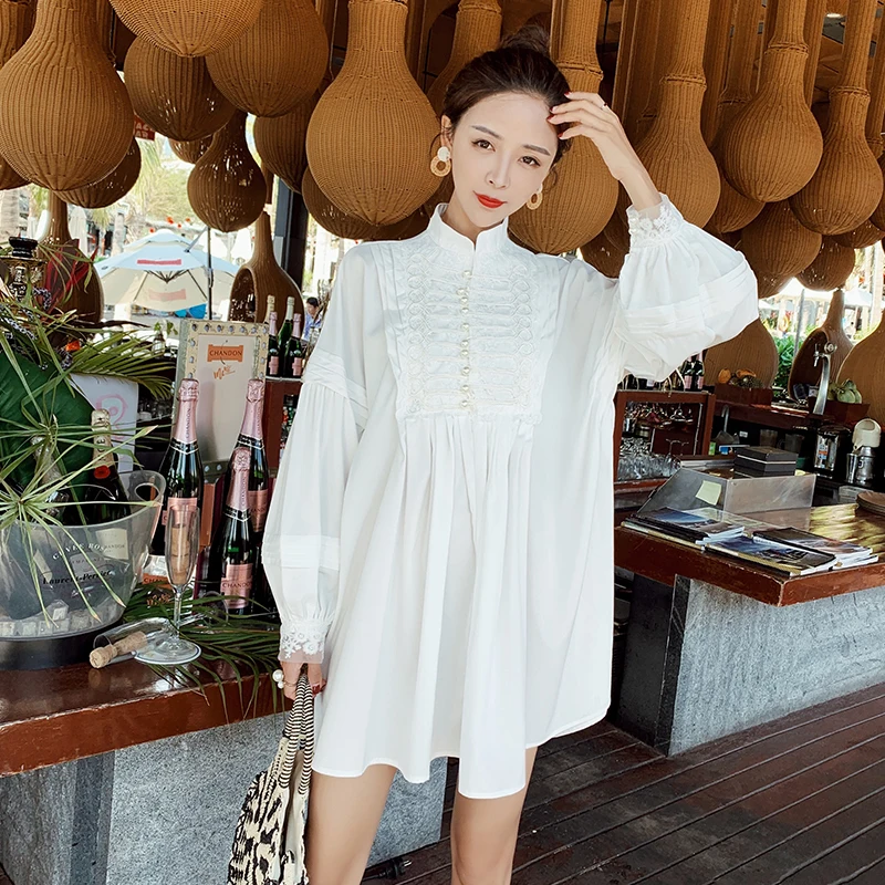 

[EWQ] Sweet Peter Pan Collar Lace Bow Lantern Sleeves Pearl Buckle Dress Lolarge Size Ladies Shirt Dresses 2019 Autumn New QK180