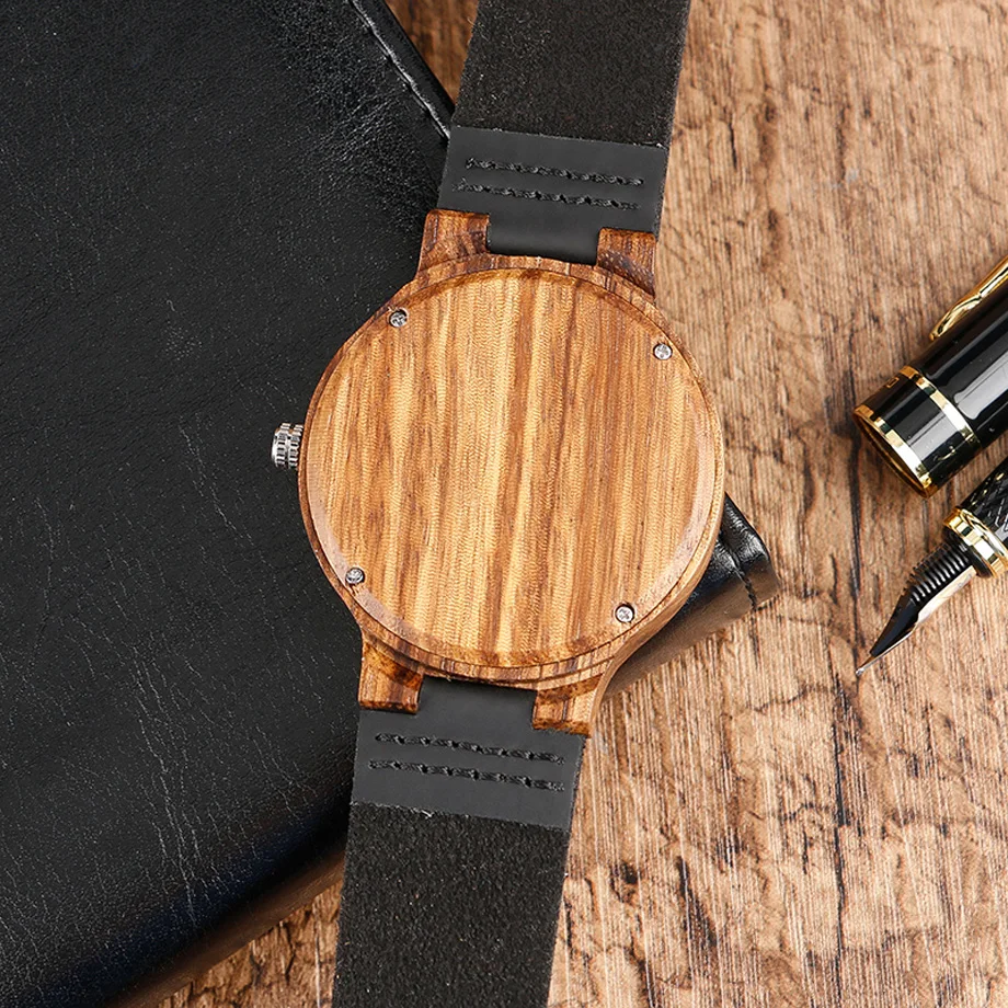 Top Men's Wooden Watches High Quality Black Handmade Natural Wood Bamboo Quartz-watch No Number Face Chic Second Hand Clock Male (27)