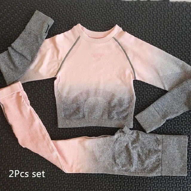 Комплект из 2 предметов, бесшовный Женский комплект для йоги, короткий топ с длинными рукавами+ высокая талия, контроль живота, спортивные Леггинсы, спортивная одежда, спортивный костюм - Цвет: Pink gray set