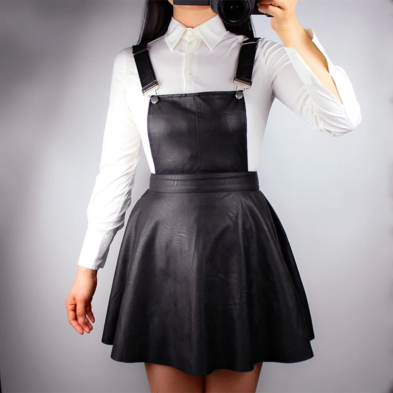 

PU Strap Dress Matte Black Tooling Dresses Locomotive Uniform Temptation Washed PU Leather European And American Style VG13