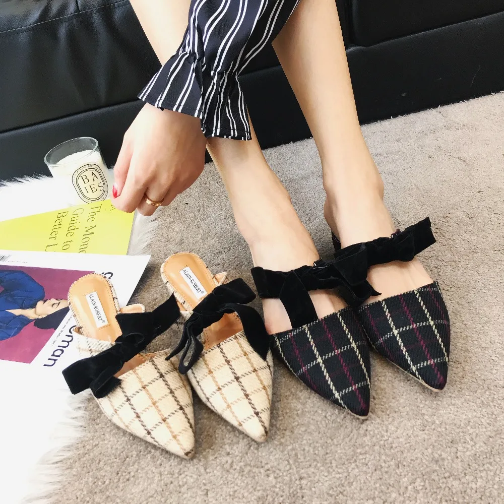 online Moxxy Outono Mulas Chinelos de Couro Genuíno Das Mulheres Bombas Dedo Do Pé Apontado Apartamentos Loafers Chinelos Sapatos Casuais Mulher Da Borboleta Preto