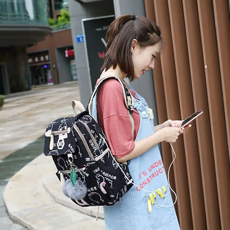 

3 Pcs/Set Women USB Charging Canvas Printing School Backpacks Schoolbag For Teenagers Student Bookbag Rucksack