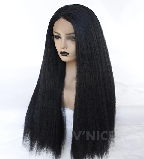 Synthetic Kinky Straight Wig Natural Hairline Black Color Heat Resistant Fiber Lace Front Wig for Women-10A