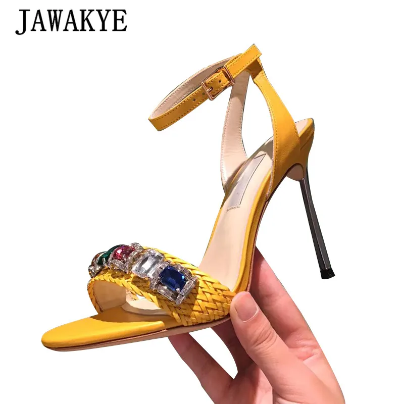 

Colorful Crystal High Heels Women Sandals Woven One Strap Peep Toe Summer Shoes Rhinestone Stilettos Real Leather Wedding Shoes