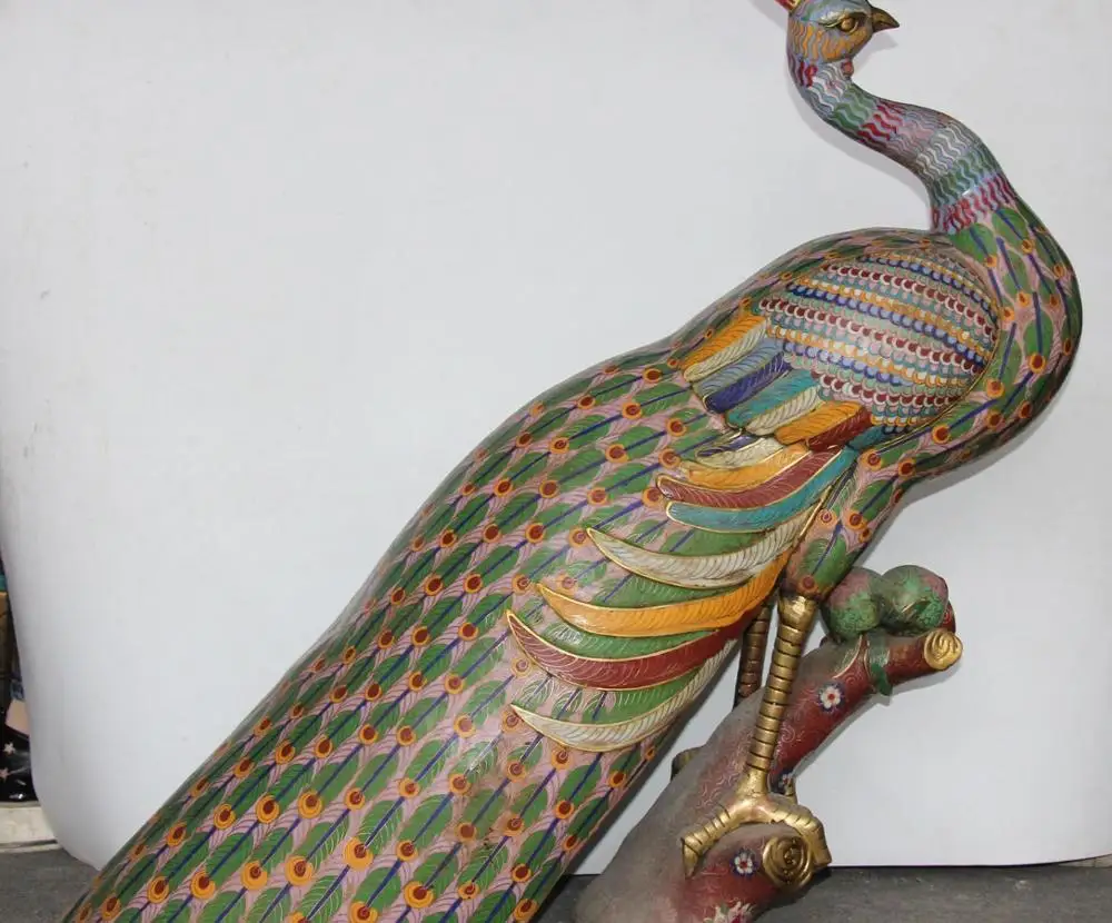 

28"China Dynasty Huge Cloisonne Enamel Gilt Peacock peafowl a bird of Juno Sculp