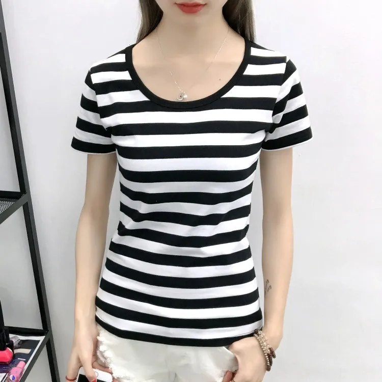 2018 summer black and white horizontal stripe short sleeve T shirt