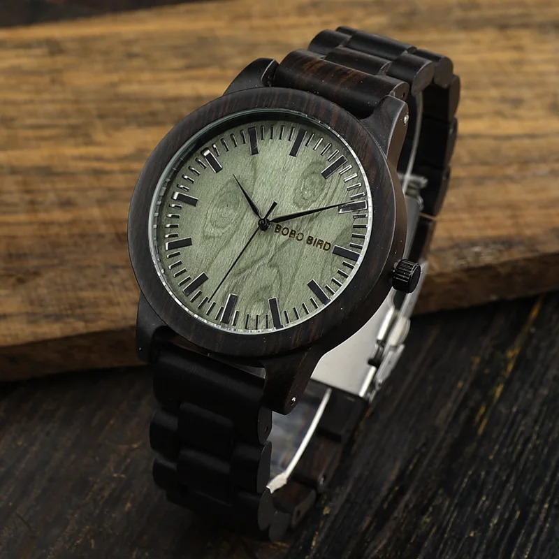 BOBO BIRD CdM04 Ebony Watches Men Green Wooden Dial Ebony Strap Vintage Style Erkek Quartz Clock in Box Uomo Orologio