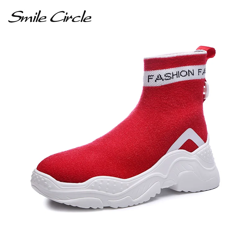 

Smile Circle slip-on knit Sneakers women High-top sock Ankle Boots Breathable Thick bottom Casual Flat platform Shoes for women