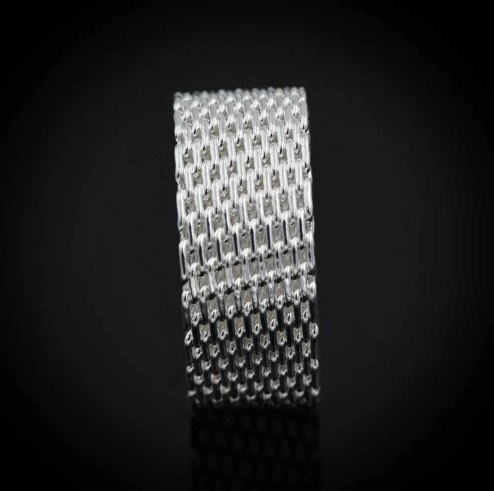 2017 Fashion 10mm Wide Silver Color Mesh Net Ring O knit Weave web Finger Ring For Women&Men Gift Punk Wedding 925 stamp Jewelry