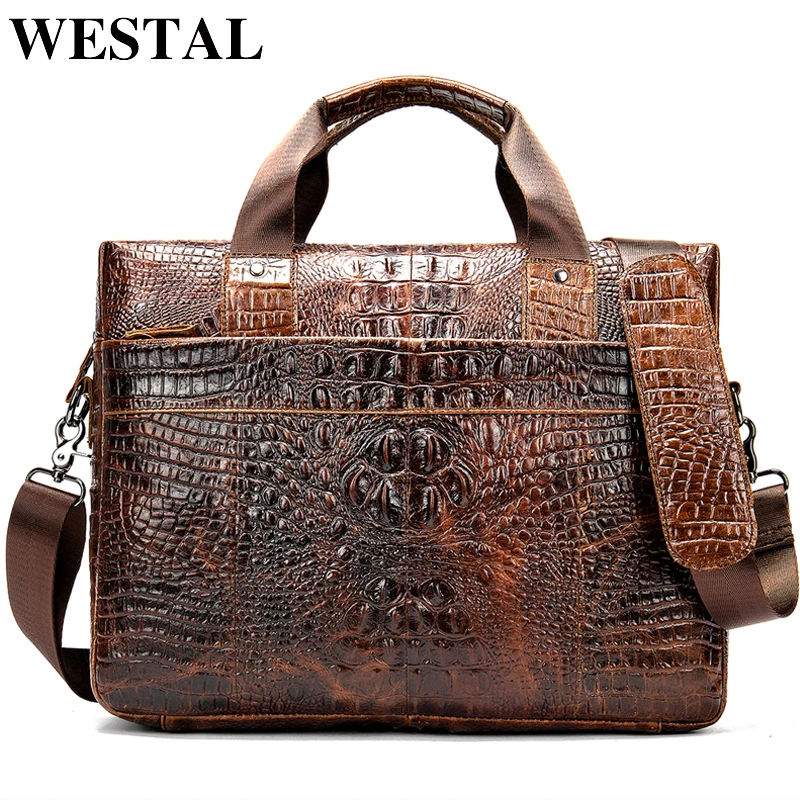 Bolsa para Maleta Masculina de Couro Bolsa de Crocodilo Portátil para Bolsas de Documentos Westal Genuíno Escritório Padrão Tote 5555