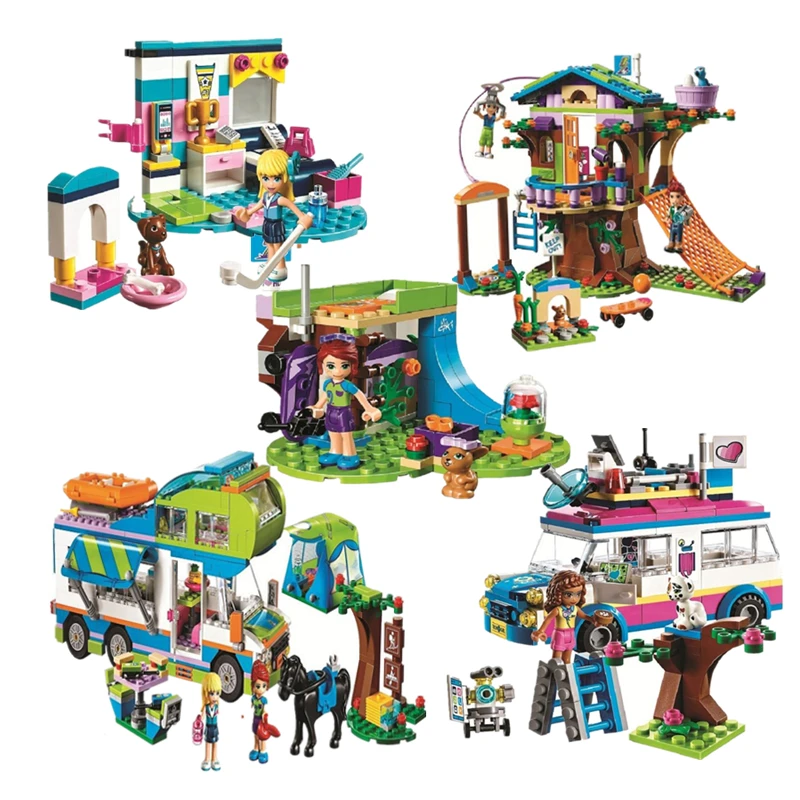 

Friends Series Heart Lake City Girls Club Street Building Blocks Pink Cake Cafe Blue Camper Compatible Legoings Friends Toys