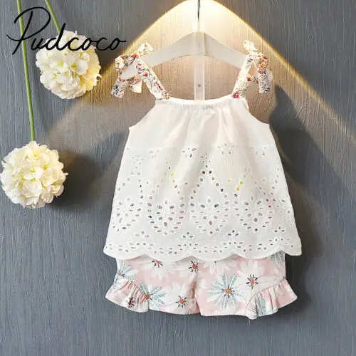 

2Pcs Clothes Set!! Toddler Baby Girls Summer Clothes Hollow Sling Tops Floral Shorts Pants Outfits
