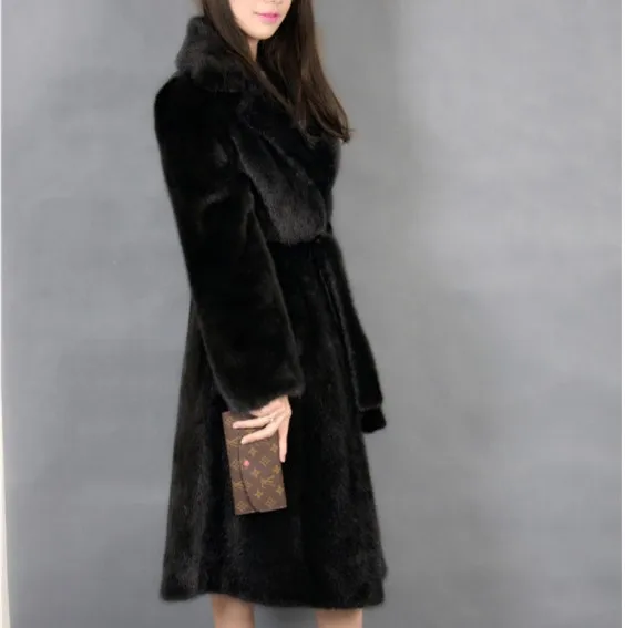 Hiver Manteau down Furry Vison Ceinture Col Moelleux Turn Vetement Mince Femmes Long Fourrure Taille Aw306 Veste Faux De Plus Outwear 2018 Sn5zqBA