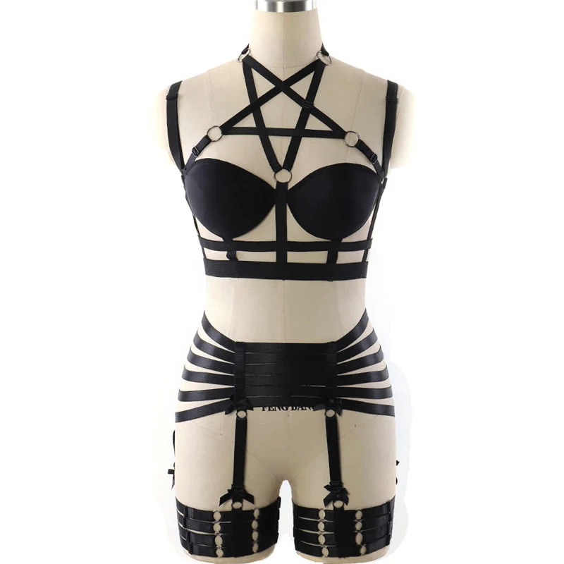 PENTAGRAM BODY HARNESS BDSM Bondage Garter Belt Set Black Elastic adjust Strap Lingerie HarajukuGoth Fetish Halloween dance Wear