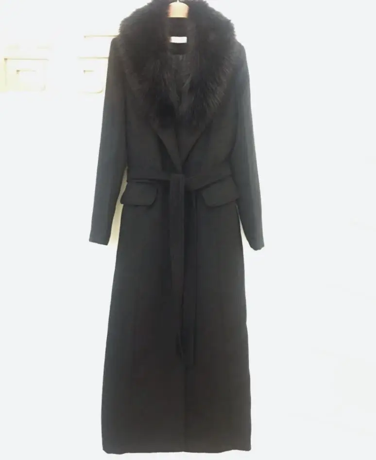 Зимнее модное женское Шерстяное Пальто с большим искусственным меховым воротником, черное кашемировое пальто с поясом, женское тонкое длинное пальто
