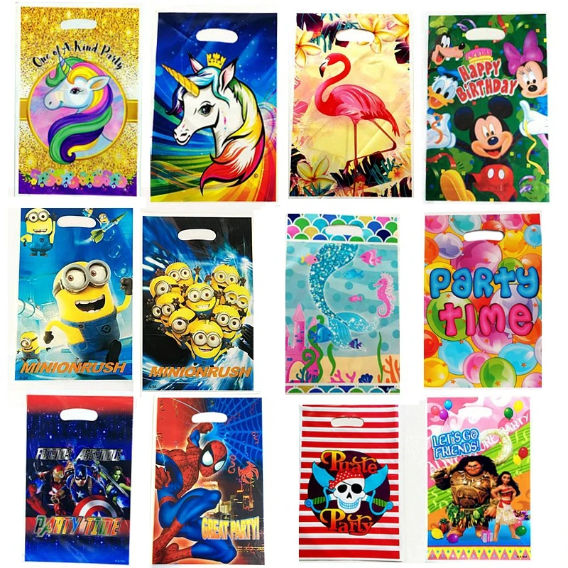 

20 pcs/lot Plastic Loot Bag Party Supplies Unicorn Pirate Superman Kids Birthday Decoration Halloween Christmas Plastic Gift Bag