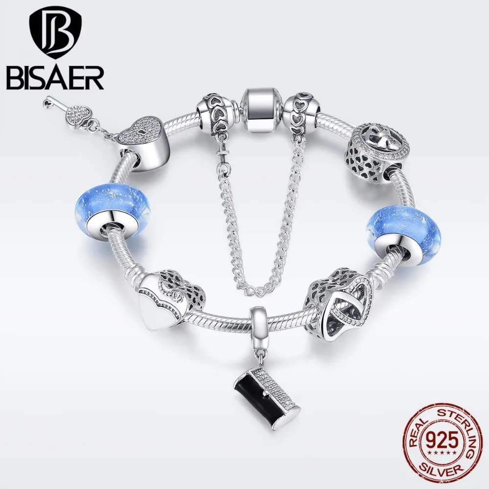 

100% 925 Sterling Silver Heart Key Women Bag Pendant Murano Beads Bracelets for Women Authentic Original Silver Jewelry B015