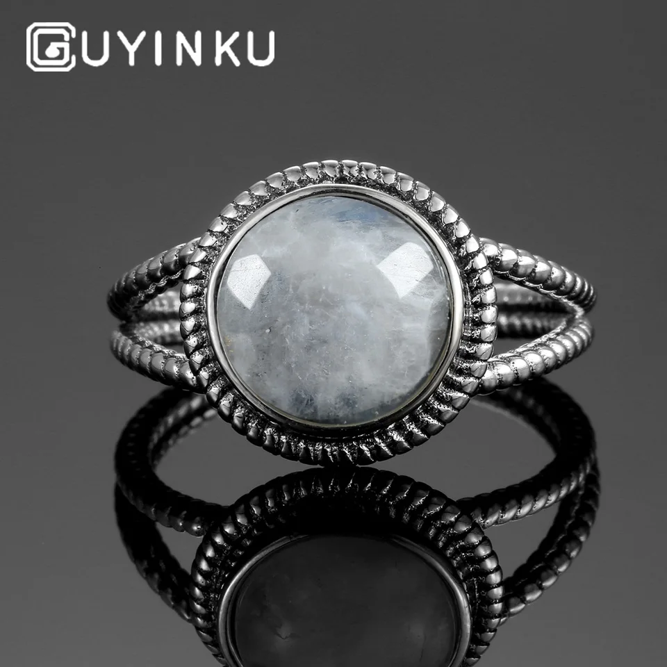 GUYINKU 925 пробы серебряные ювелирные изделия кольца с 10 мм круглый натуральный драгоценный камень юбилей Подарки для женщин S925 вечерние ювелирные изделия