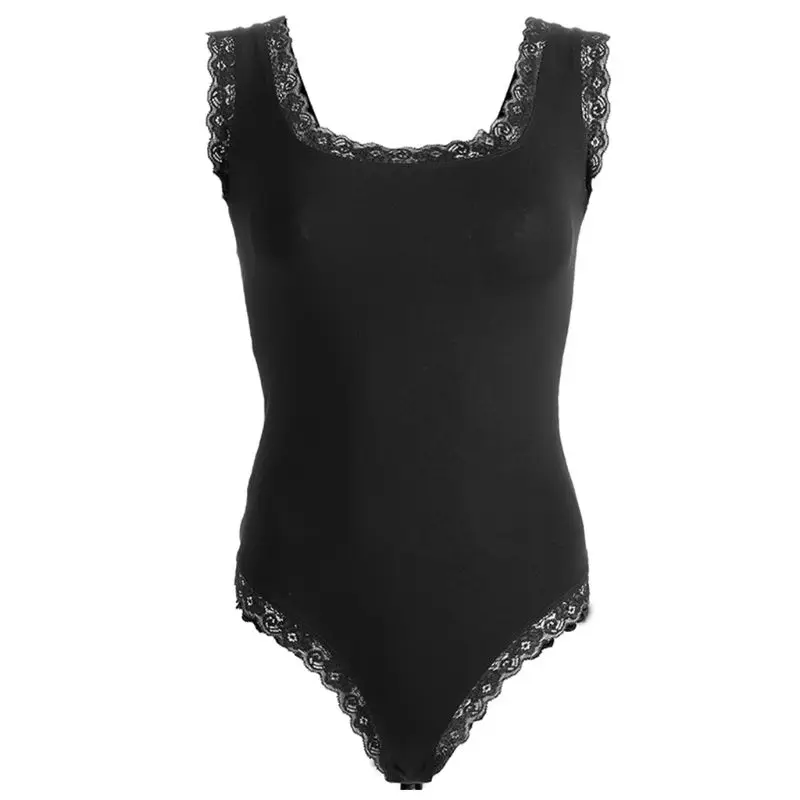 Черный Womens Sleeveless Sexy Scalloped Lace Splice Bodysuit Criss Cross Tie Back Bandage Rompers Vintage Leopard Snap Buttons Playsuit - Цвет: Черный