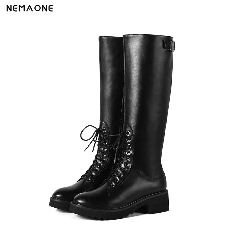 

NemaoNe Women's Snow Boots Knee High 2018 Genuine Leather Winter Female Warm Winter Shoes Plush Fur Tall Boots Woman