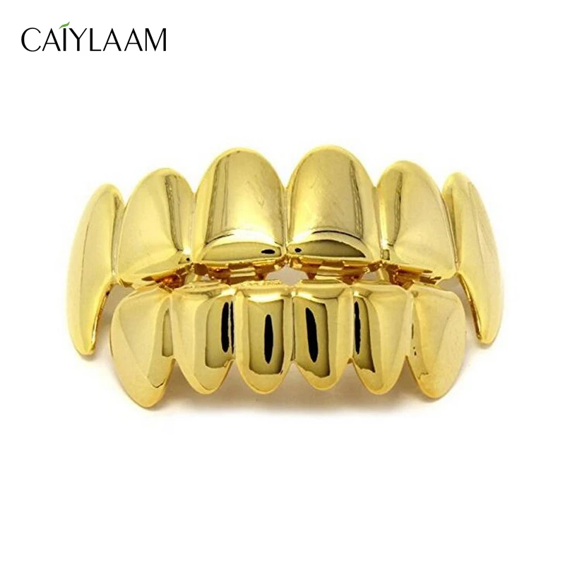 

CAIYLAAM Hip Hop Style Metal Copper Bucktooth Teeth Grillz For Rapper Women Fashion Jewelry Gold Glossy Dental Grills Vampire