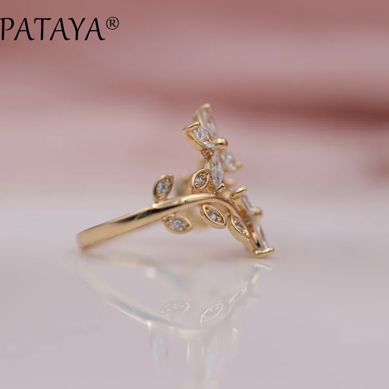 PATAYA, Новое поступление, белые кольца с конским глазом, с натуральным цирконием, в форме листьев, 585, розовое золото, в виде цветка, кольцо для женщин, Трендовое ювелирное изделие