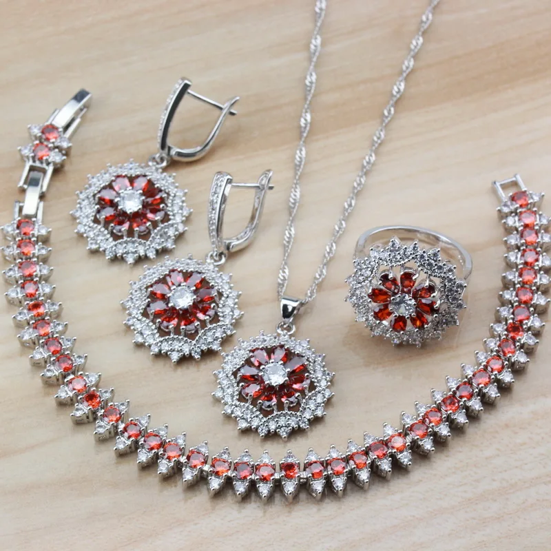 

Charm Bridal 925 Sterling Silver 4PCS Women Jewelry Sets With Natural Red Garnet Dangle Earrings/Necklace /Bracelet/Ring Sets