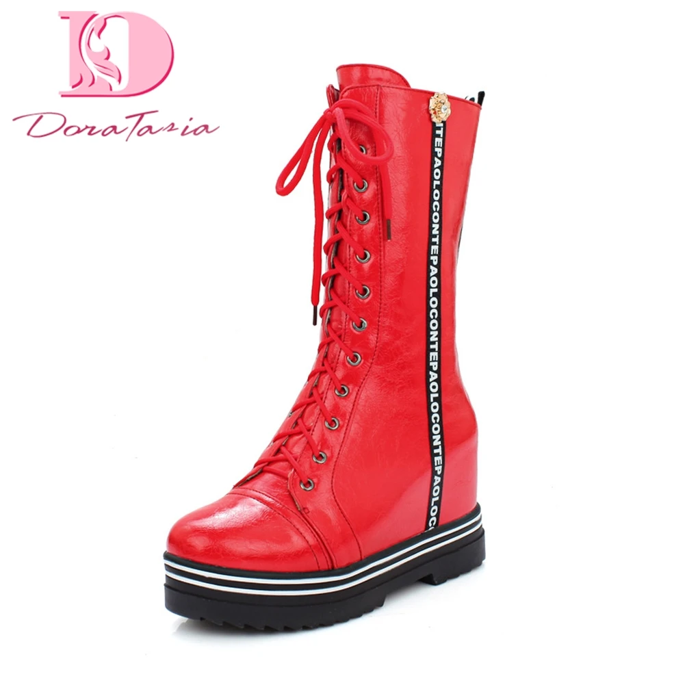 

Doratasia 2018 Large Size 34-43 Platform Shoes Woman Boots Increasing Heels Wholesale Lace Up Mid Calf Boots Woman Shoes