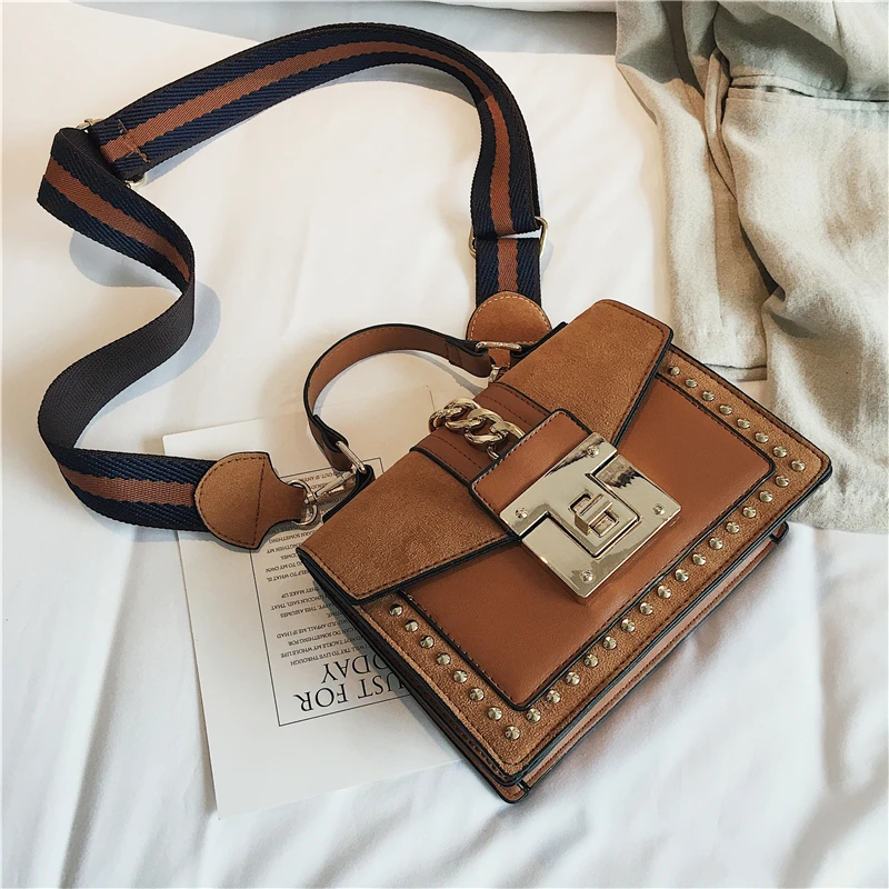 

Luxury Handbags Brown Crossbody Bags For Women PU Leather Small Rivet Shoulder Bag With Wide Strap Women 2018 Brand Famous