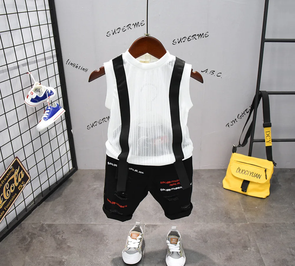 

2019 Summer Children kid's For boy fashion casual thin vest t-shirt +Denim Hole letter shorts 2 pcs Clothes Set C2930