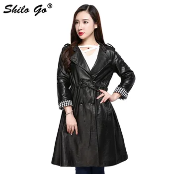 

SHILO GO Leather Trench Womens Autumn Fashion sheepskin genuine Leather long coat OL lapel grid Cuff tie waist double breasted