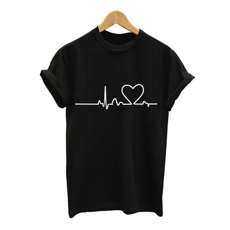 

Women Heartbeat T Shirt Summer Short Sleeve Tshirt White Girl Cotton Tops Tee Shirt Femme Clothing 2019