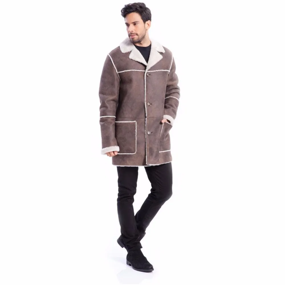 Denny&Dora 2018 New Mens Leather Jacket with Fur Lining Long Style Lapel Coat Business Casual Jacket Classic Fashion