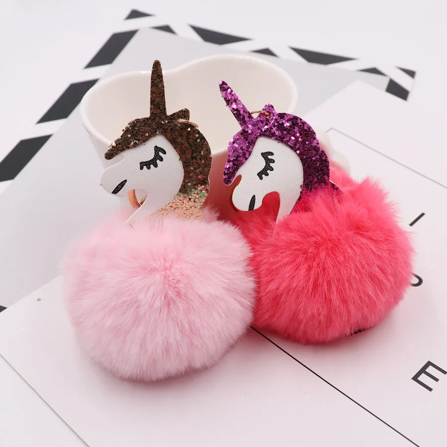 

Pompom Unicorn Keychain Rabbit Fur Ball Horse Key chain porte clef Bag Car Keyring llavero mujer chaveiros sleutelhanger trinket