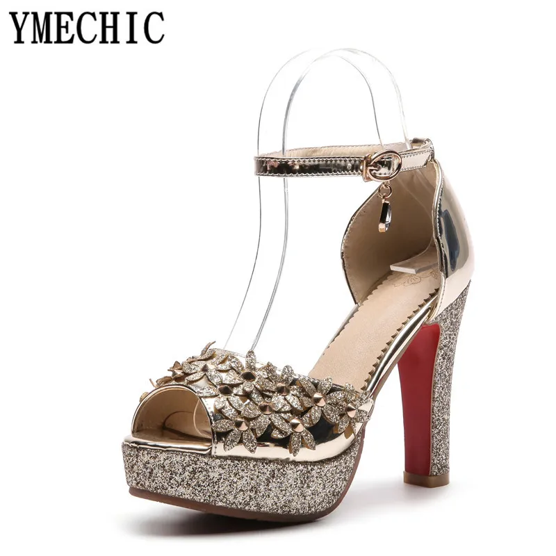 Женские свадебные босоножки YMECHIC на платформе и очень высоком каблуке золотистые