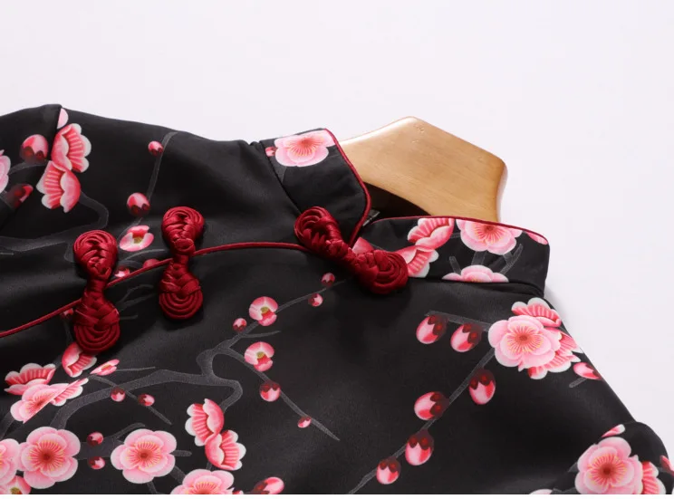 SHENG COCO S-4XL Plus Size Black Flowers Qipao Blouse Satin Traditional Chinese Style Cheongsam Shirts Plum Printing Qipao Top