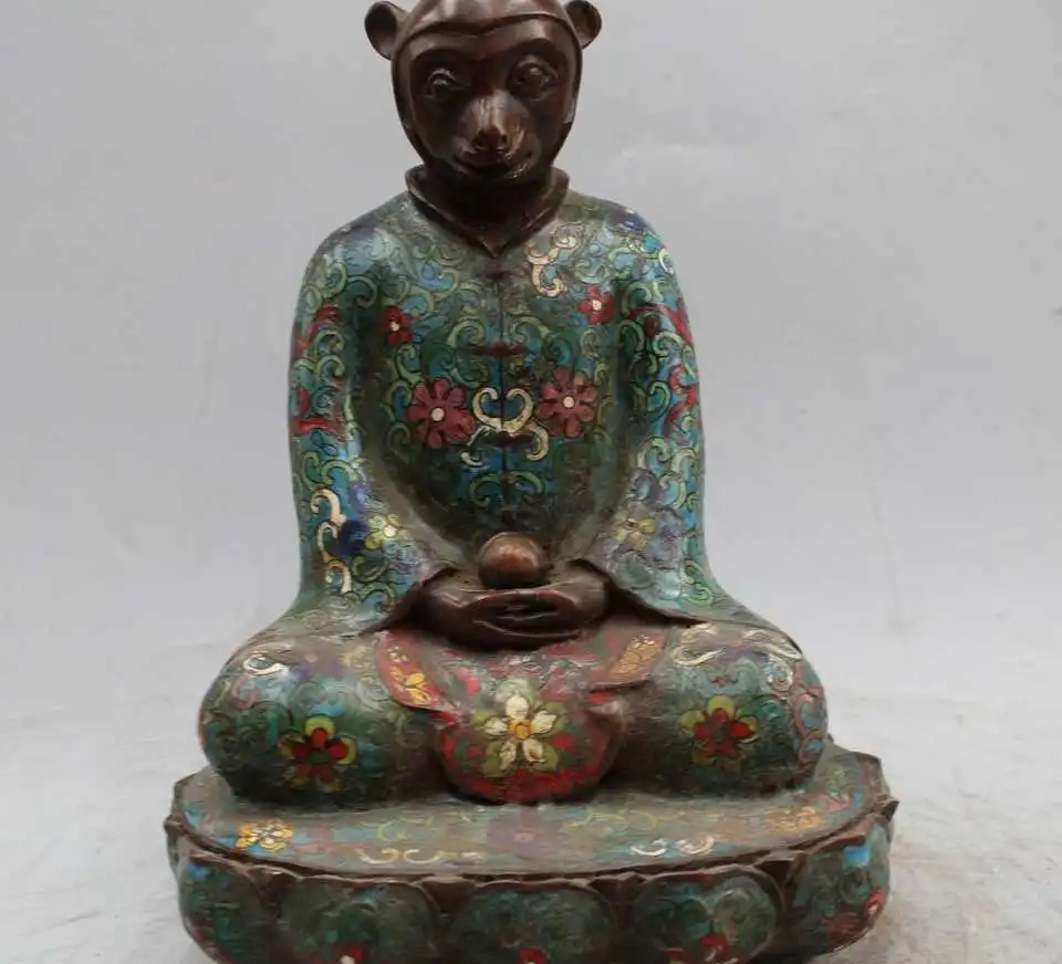

11" Old China Chinese Folk Fengshui Bronze Cloisonne Zodiac Year monkey Statue