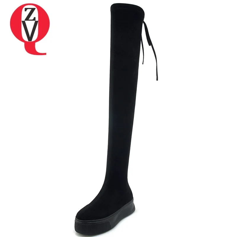 

ZVQ hot sale new concise leisure round toe faux suede shoes women med wedges platform lace-up black winter warm over knee boots