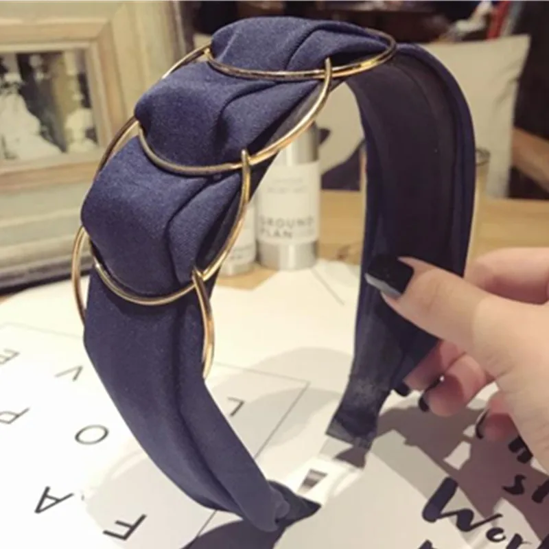 

Women Headband Solid Color Fashion Botique Hair Accessories Wide Cotton Headband with Metal Ring Decorated Girls Hair Headband