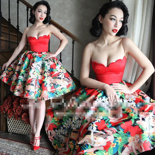 50s Pinup Limited Edition Retro Vintage Beach Girl Floral Print Red  Strapless Bras Wedding Dress Party Cocktail Dresses Vestidos - AliExpress