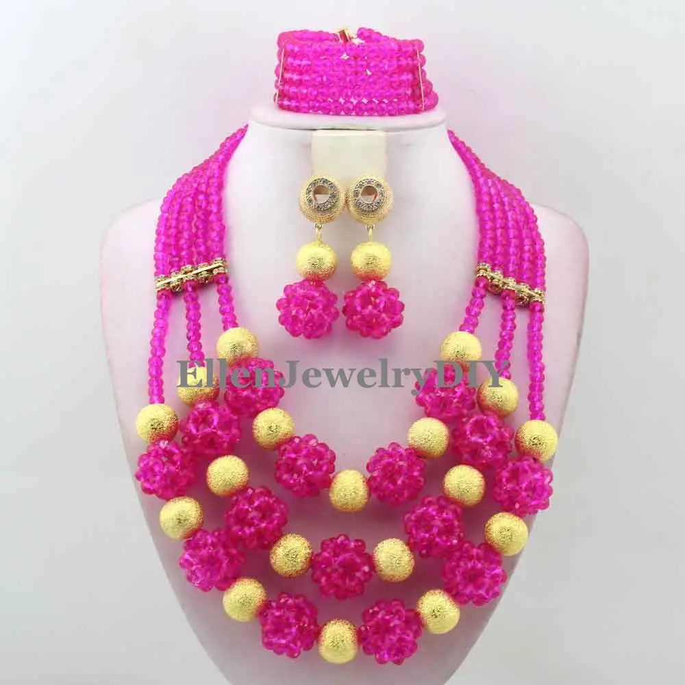 

2016 African Hot Pink Crystal Beads Jewelry Set Nigerian Wedding Party African Jewelry Sets Crystal Beads Jewelry Sets W12854