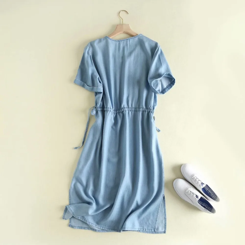 Летнее платье, женское винтажное Синее джинсовое платье, женское Повседневное платье с v-образным вырезом, коротким рукавом и завязкой на талии размера плюс