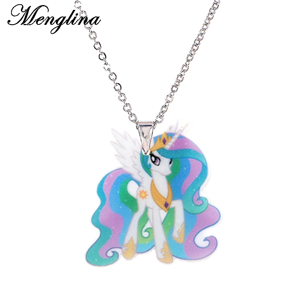 Menglina Fashion Cute Cartoon Horse Acrylic Pendant Necklace For Children Silver Tone Chain Resin Flatback Children's Jewelry Menglina Fashion Cute Cartoon Horse Acrylic Pendant Necklace For Children Silver Tone Chain Resin Flatback Children's Jewelry