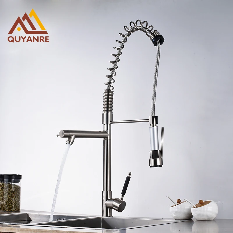 Deck Mounted Single Hole Spring Kitchen Faucet Dual Handle Two Water Spout Sink Mixer Faucet Brushed