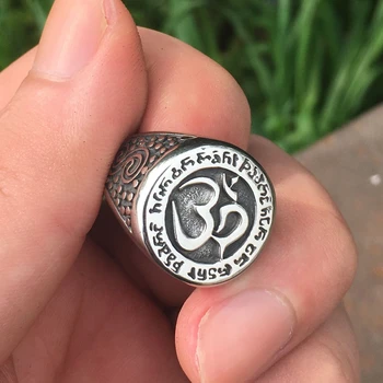

Silver Color Om Aum Yoga Buddhist Meditation 316L Stainless Steel Amulet Ring Mens Talisman Jewelry
