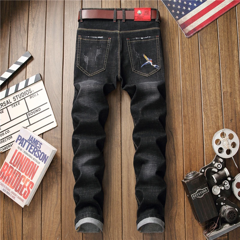 Модные мужские джинсы на молнии с вышитыми цветами и птицами, высокое качество, узкие джинсовые брюки-карандаш, Брендовые прямые брюки большого размера 29-38