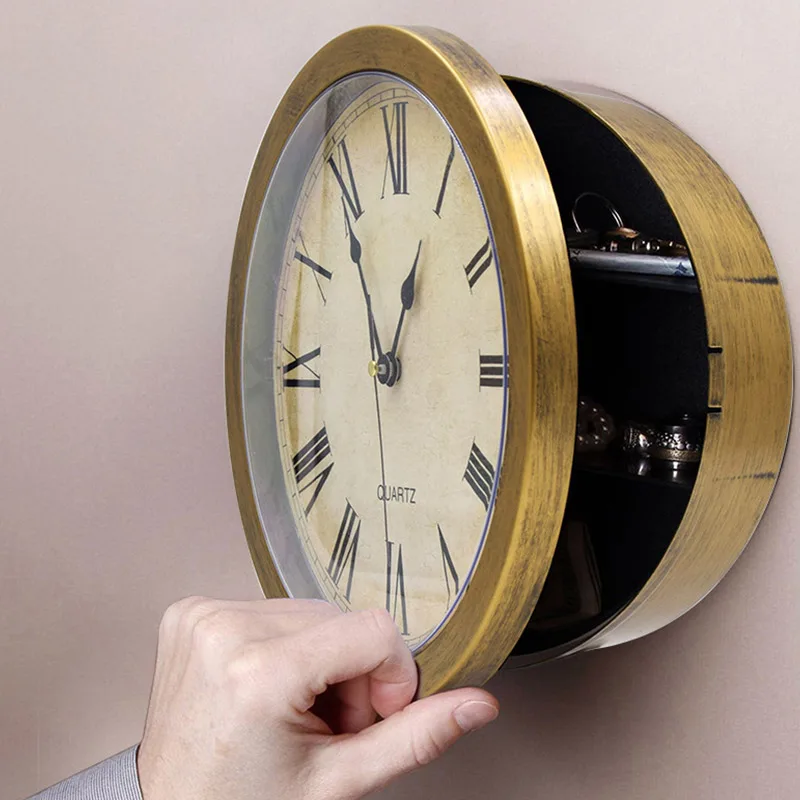 A23F Golden Clock Hidden Safes Wall-Mounted Key Money Cash Security Safe Box 