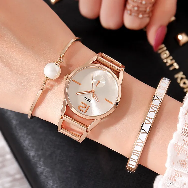 GEDI модные женские часы из розового золота, Топ люксовый бренд, женские кварцевые часы, 3 штуки, s-shock, Часы Relogio Feminino Hodinky - Цвет: rose gold